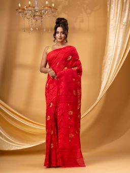 DESH BIDESH - Women Red Cotton Floral Saree without Blouse