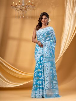 DESH BIDESH - Women Blue Cotton Floral Saree without Blouse