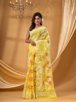 DESH BIDESH - Women Yellow Cotton Floral Saree without Blouse