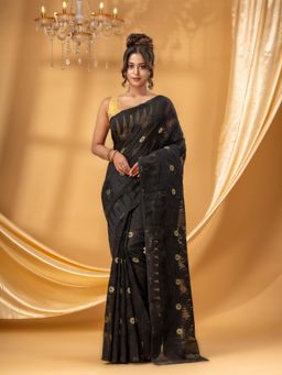 DESH BIDESH - Women Black Pure Cotton Floral Saree without Blouse