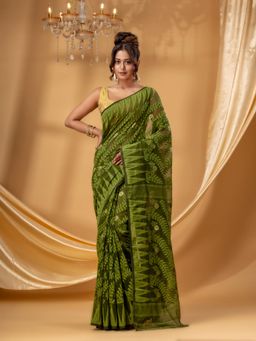 DESH BIDESH - Women Olive Pure Cotton Floral Saree without Blouse