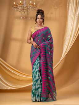 DESH BIDESH - Women Green Pure Cotton Floral Saree without Blouse