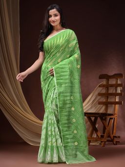 DESH BIDESH - Women Green Pure Cotton Floral Saree without Blouse