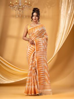 DESH BIDESH - Women Orange Pure Cotton Floral Saree without Blouse