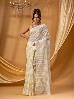 DESH BIDESH - Women Off White Pure Cotton Floral Saree without Blouse