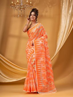 DESH BIDESH - Women Orange Pure Cotton Floral Saree without Blouse