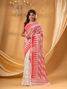 DESH BIDESH - Women White Pure Cotton Floral Saree without Blouse