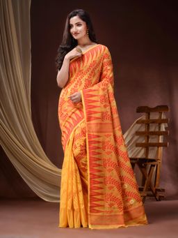 DESH BIDESH - Women Orange Pure Cotton Floral Saree without Blouse