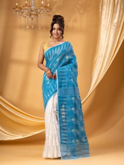 DESH BIDESH - Women Blue Pure Cotton Floral Saree without Blouse