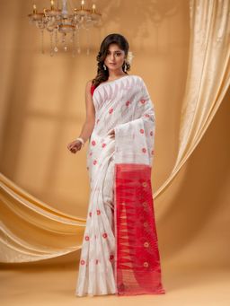DESH BIDESH - Women White Pure Cotton Floral Saree without Blouse