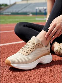 Carlton London - Women Beige Breathable Knitted Performance Cushioned Sneakers