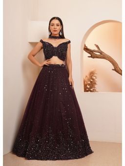 CHAASHNI BY MAANSI & KETAN - Burgundy Lehenga With Blouse And Dupatta (Set of 3)