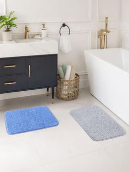OBSESSIONS - Absorbent and Quick-Dry Polyester Bath Mat - Blue & Silver (Pack of 2)