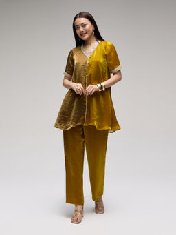 Gajra Gang - Mocha Brown Tissue Organza Color Block Kurta & Pant Eastern Souk (Set of 2)