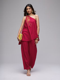 Gajra Gang - Red Embroidered One Shoulder Top And Pant La Dolce Vita (Set of 2)