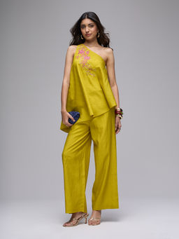 Gajra Gang - Green Embroidered One Shoulder Top And Pant La Dolce Vita (Set of 2)