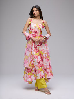 Gajra Gang - Mustard Poly Silk Floral Strappy Kurta & Pant With Dupatta La Dolce Vita(Set of 3)
