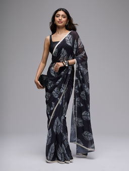 Gajra Gang - Black Georgette Leaf Print Abhla Embellished Saree Chalk And Slate