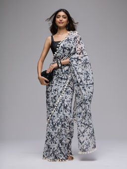 Gajra Gang - Off White Georgette Batik Print Tassel Embellished Saree Chalk And Slate