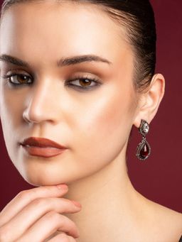 PANASH - Maroon Stone Studded Drop Earrings