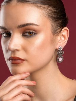 PANASH - Pink Stone Silver Plated Drop Earrings