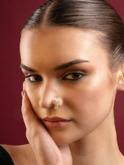 PANASH - Gold-Plated Kundan Studded Pearl Nose Pin