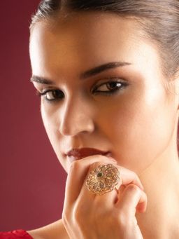 PANASH - Gold-Plated Green Kundan-Studded Adjustable Ring