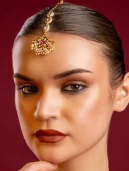 PANASH - Gold-Plated Kundan Pink Studded Pearl Maangtikka
