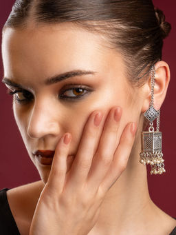 PANASH - Silver Plated Pearl Jhumka Earrings with Ear Chain