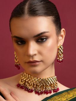 PANASH - Gold-Plated Kundan Maroon Stone Jewellery Set