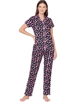 Bodycare - Womens Cotton Printed Night Suit Of Shirt & Pyjama -BSNS18004 Black (Set of 2)