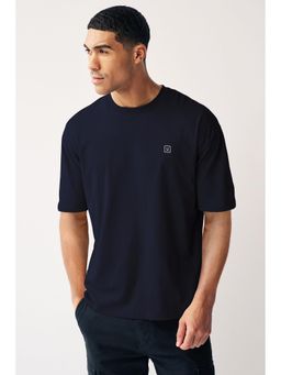 Urbano Fashion - Mens Navy Blazer Solid Round Neck Oversized Half Sleeve Cotton T-Shirt
