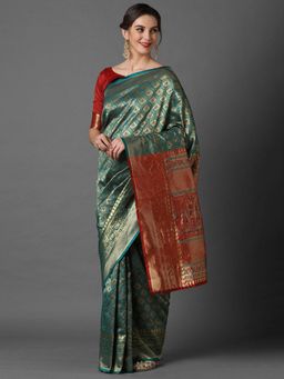 Odette - Teal Blue & Red Wedding Silk Blend Woven Design Saree with Unstitched Blouse