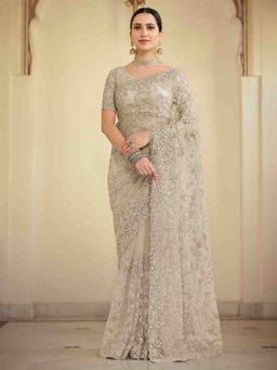 Odette - Grey Soft Net Saree with Unstitched Blouse