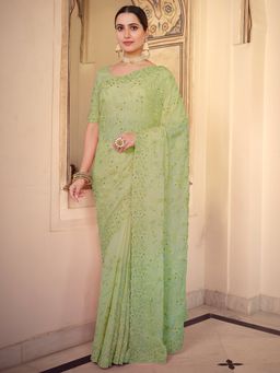 Odette - Green Chiffon Saree with Unstitched Blouse
