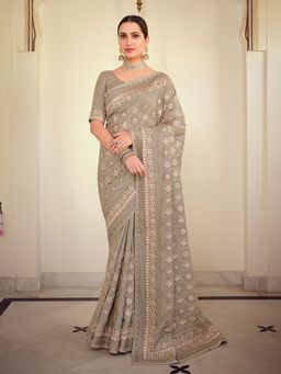 Odette - Grey Satin Georgette Saree with Unstitched Blouse