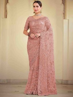 Odette - Peach Soft Net Saree with Unstitched Blouse