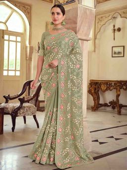 Odette - Olive Green Satin Georgette Saree with Unstitched Blouse
