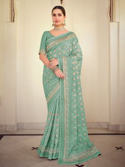 Odette - Sea Green Satin Georgette Saree with Unstitched Blouse