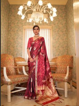 Odette - Burgundy Red Banarasi Chanderi Saree with Unstitched Blouse