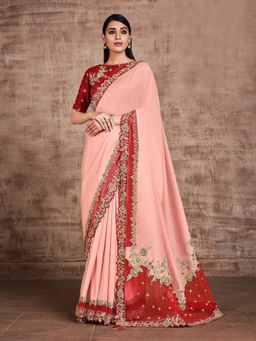 Odette - Satin Silk Georgette Peach Saree with Unstitched Blouse