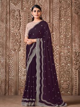 Odette - Wine Silk Georgette Saree with Unstitched Blouse