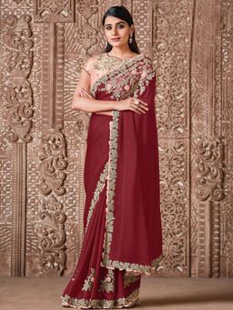 Odette - Red Designer Satin Silk Saree with Unstitched Blouse