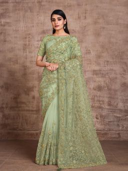 Odette - Pastel Green Net Saree with Unstitched Blouse