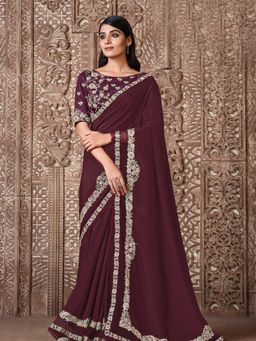 Odette - Wine Stylish Silk Georgette Saree with Unstitched Blouse