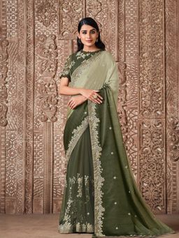 Odette - Olive Satin Silk & Net Saree with Unstitched Blouse