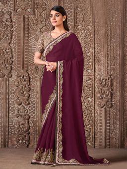 Odette - Wine Silk Georgette Saree with Unstitched Blouse