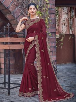 Odette - Maroon Colored Silk Georgette Embroidered Saree with Unstitched Blouse