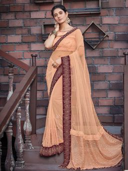 Odette - Peach Colored Net Embellished Saree with Unstitched Blouse