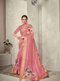 Odette - Pink Colored Double Layered Tissue Printed Saree with Unstitched Blouse